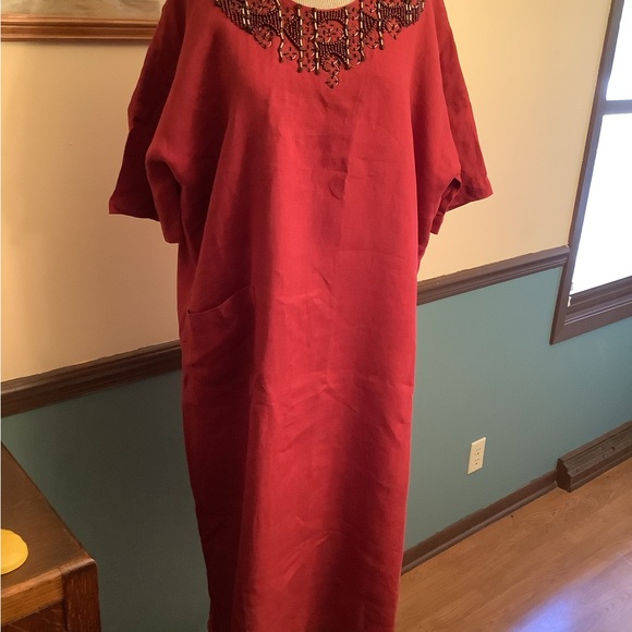 Awesome Eskandar Beaded Linen MIDI Dress 0 Burgundy Excellent Condition! - Picture 1 of 4